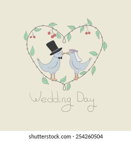 Vector illustration of love birds getting married. Wedding card. Vintage, rustic style
