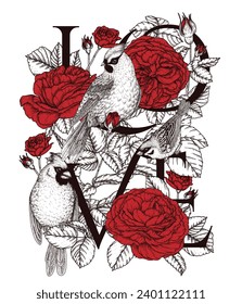 Vector illustration of Love with birds and rose flowers in engraving style