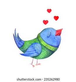 Vector illustration of love birds in a sweater with hearts.Watercolor