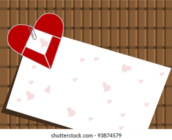 Vector illustration of a love card pin up with red heart shape on brown wooden background for Valentines Day and other occasions.