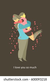 Vector illustration love card, young couple man and woman love moments on black background