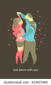 Vector illustration love card, young couple man and woman love moments on black background