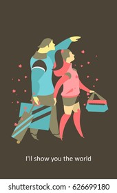 Vector illustration love card, young couple man and woman love moments on black background