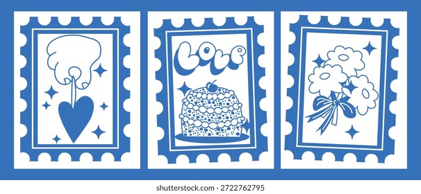 Ilustración vectorial. Tarjetas de amor. Un conjunto de carteles, postales, portadas y Anuncios.