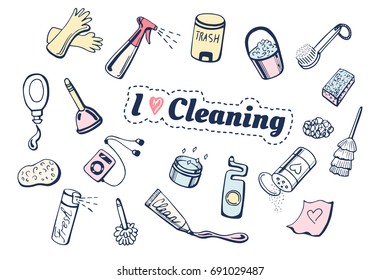 Vector illustration of I love cleaning icons set. Different items: gloves, spray, trash bin, gel, brush, dishwashing sponge, player, toilet cleaner, plunger.