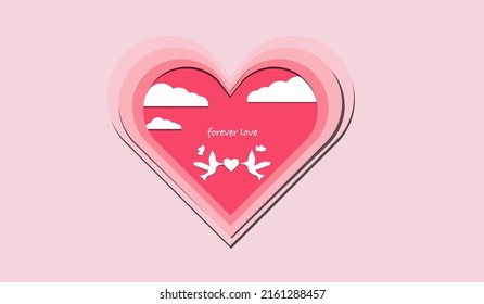 Vector illustration love concept background. Red and pink paper hearts with birds and clouds representing love. Cute love sale banner or greeting card.