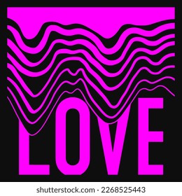 Vector illustration. Love concept with pink wavy lines. Happy Valentine's day greeting card. Lettering in trendy psychedelic y2k rave style. Nostalgia for 1990s -2000s. 