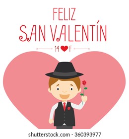 Vector illustration of love concept and Valentines day with typography, cartoon character and hearts. Text in spanish.