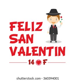 Vector illustration of love concept and Valentines day with typography, text in spanish, cartoon character and hearts.