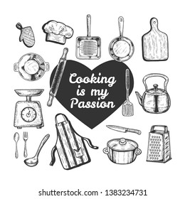 Vector illustration of love cooking set. Kitchen objects tools and utensils like skillet, board, kettle, pan, weights, knife, apron, hat, grater, rolling pin, text in heart. Vintage hand drawn style.