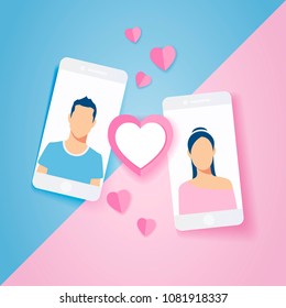 Vector illustration love couple in mobile phone sent pink heart and love gift, design for Valentine's day in paper art style.