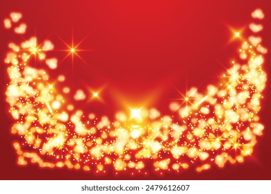Vector illustration Love day template golden dots glowing round frame rays glitter confetti sparkle wave rain falling Copy space Horizontal red background  Holiday gold spotlights Bright flashes Xmas
