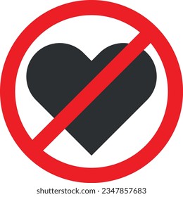 Ilustración vectorial del amor con símbolo de negación. Amor prohibido sin sentimientos.