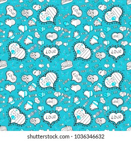 Vector illustration. Love design with different elements. Seamless Interesting typography. Valentines day background on colors.