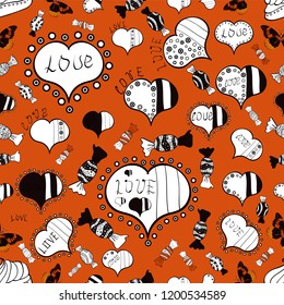 Vector illustration. Love design with different elements. Valentines day background on orange, white and black colors. Seamless Interesting typography.