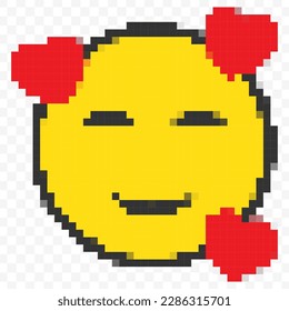 Ilustración vectorial de emoticonos de amor en un estilo de videojuego de 8 bits con arte de píxeles. Diseño sencillo sobre fondo transparente (PNG).