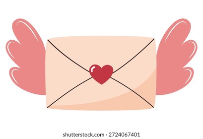 Vector illustration of a love envelope with wings and heart seal. Romantic flat design for Valentines Day, love message delivery and romantic greeting concept, isolated on white background.