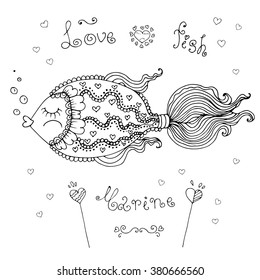 Vector illustration love fish with heart.  Original hand drawn phrase love fish, marine. Painted on a white background