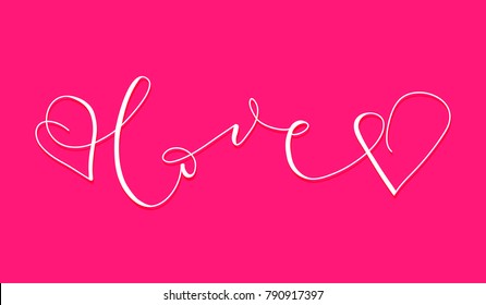 Vector illustration of "Love". Hand drawn typography. Love handwritten calligraphy text with hearts on pink background.