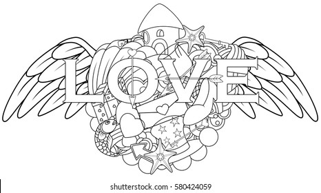 Vector illustration of Love hand lettering and doodles elements with angel wings