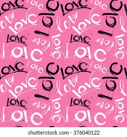 Vector illustration Love handwritten calligraphy and lettering seamless pattern. Black ,white and pink colors