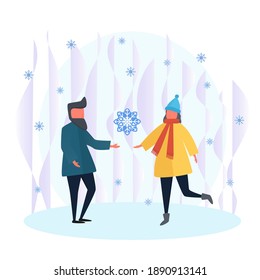 Vector illustration. Love. Happiness. girl and guy hold a snowflake in their hands. Valentine's Day.