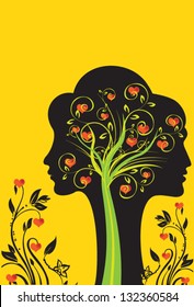 Vector illustration of love and happy valentine day two enamored with a love tree.Invitation greeting wedding card wallpaper backdrop.Abstract background design