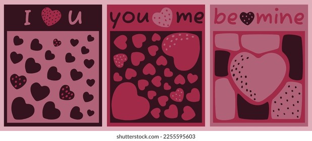 Ilustración vectorial del amor, corazones. Tarjetas de reconocimiento - Te amo, tú y yo, sé mío. Postales, saludos, afiches en estilo minimalista.
