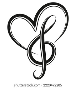 Vector illustration of love icon with a treble clef and a heart, musical theme flat design template