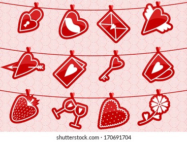 Vector illustration with love icons hanging on the rope by clothespins.