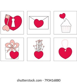 Vector illustration of Love icons. Ideal for Valetine Cards decoration. Hearts icons set. Cute gifts, cakes, bouquet, necklace