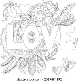 Vector illustration Love inscription coloring anti-stress. Tattoo, coloring page, t-shirt, card, poster, print design
