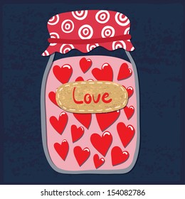 Vector illustration of love jar with red hearts on the dark vintage background