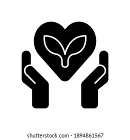 Vector illustration of love leaves icon. Leaf inside heart shape with two hands. Glyph design style