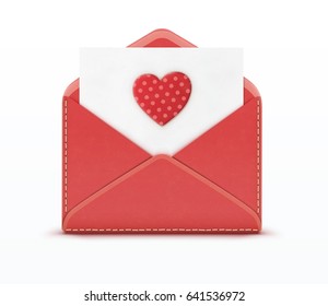 Vector illustration of love letter concept with open red envelope and white paper with big red spotted heart