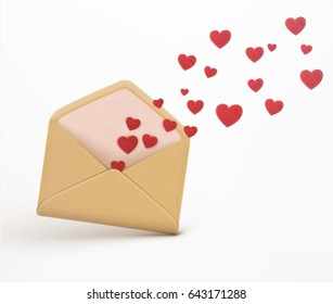 Vector illustration of love letter concept with open envelope with flying out little red hearts