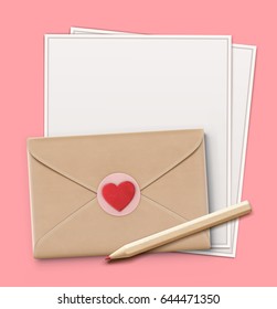 Vector illustration of love letter concept with sharpened detailed wooden pencil, letter paper, closed envelope and little red heart on it 