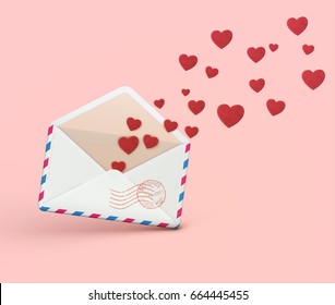 Vector illustration of love letter concept with open envelope with flying out little red hearts