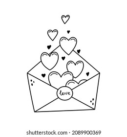 Ilustración vectorial de una carta de amor. Un sobre con decoración de San Valentín. Esquema