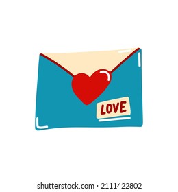 Vector illustration, love letter in an envelope with a heart in doodle style, 80s style, Valentine's day, isolated element. Romantic illustration for postcards, posters, stickers, print on clothes.
