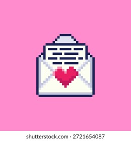 Ilustración vectorial de sobre de carta de amor con diseño de arte de píxeles, perfecto para activos de juego temáticos