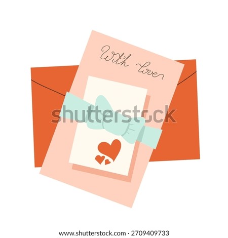 Vector illustration of a love letter and red envelope tied with a light blue ribbon and bow decorated with red hearts. Design element for Valentine's Day, romance and tender communication.