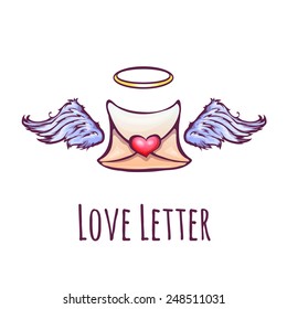 Vector illustration of love letter with wings and nimb.