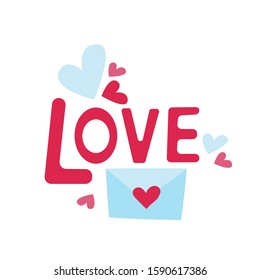 Vector Illustration Love Lettering With Envelope And Hearts, Valentines Day Postcard, Template For Giftcard