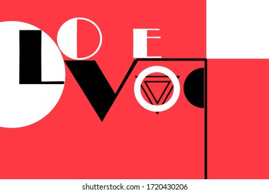 Vector illustration of love lettering typography on a red geometric background. Greeting inscription for Valentine's Day.