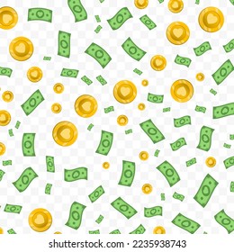 Vector illustration of Love money. Random pattern of banknotes and coins in green and gold colors on transparent background (PNG). 