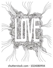 Vector illustration of Love on white background. Handmade typography poster for couple. Valentine's day greeting card. Concept of icon, postcard, banner, social media, party invitation, t-shirt print.