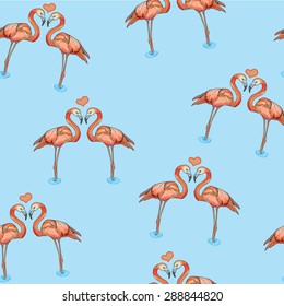 Vector illustration of love pink flamingos in water. Seamless pattern on blue background