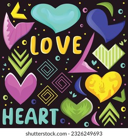 Vector illustration of love post many various romantic objects, coloured retro trendy flat design isolated on a black background