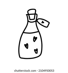 Vector illustration of love potion in doodle style. Black ink silhouette of a flask with hearts on white background